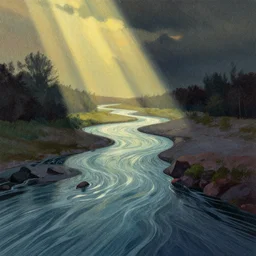 editorial illustration by karolis strautniekas and mads berg, melting into rivers, colorful, fine texture, detailed, muted colors, film noir, dramatic lighting, dynamic composition, vivid, matte print, wide angle, ( ( sunbeams ) ), moody, extreme perspective, dither