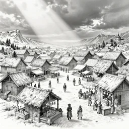 skyrim screenshot of the market of the town, pencil drawing, line art, no shadow.