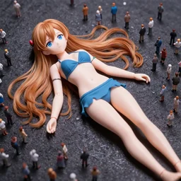 seen from above : a giant macro very beautiful young yuuki asuna, full body, long wavy hair, sky blue eyes, full round face, bikini, miniskirt, laying on a miniature crowd, cinematic wallpaper by stanley artgerm lau