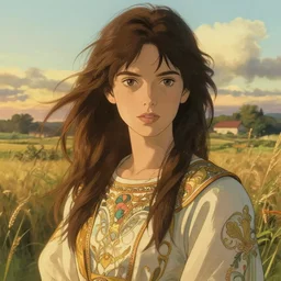 beautiful supermodel, countryside backdrop, art by studio ghibli and ilya kuvshinov, portrait, intricate, golden hour lighting. highly detailed, sharp focus, digital painting, trending on pixiv fanbox, trending on artstation, concept art, sharp focus, illustration art by artgerm and greg rutkowski and alphonse mucha