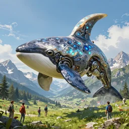 detailed nacreous hard shell alien biomechanical orca mecha floating above a picturesque mountain meadow in the french alps. mathias kollros mark winters villeneuve lie setiawan lius lasahido manuel castanon. portrait vivid intricate vibrant elaborate inks unreal engine render.