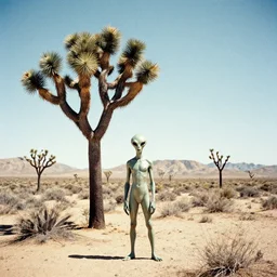 A photo of an alien in a desert, standing next to a Joshua Tree. Grainy Photography.