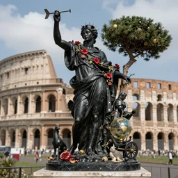 rateo, colosseo, tilt shift, gulf of Naples, sorrento tree, Pompeian, naval battle, italian masterpiece, wind, sky in background, wind rose, Ashford Black Marble, sculpture, baroque,  draped with red Hibiscus and vines and spines, marble and hint gold, stars, puffy clouds, suns, moons, drapes, dead fruits, Obsidian, pomegranade, armour, medieval globe, glass, portrait, mage, centaur, siren, lion, chariot, rabbit, snails, render, artstation, ultra detailed