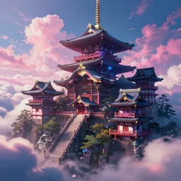 ancient architecture in cyberneon, art by dangiuz, gorgeous clouds, cyberpunk kyoto, fantasy lighting, octane render, ureal engine, japanese animation, cinematic, hyperdetailed,.