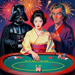 woman in a japanese kimono sitting at an extremely detailed poker table with darth vader, fireworks on the background, by andy warhol, by roy liechtestein, canvas, acrylic paint, saturated, ultra - hd