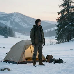 a movie still from final fantasy live action, a traveler camping alone in the snow
