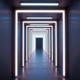 an infinitely long corridor with bright neon lights, in the style of tron, digital art, jean giraud