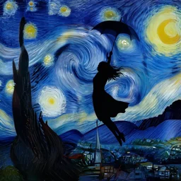 silhouette of a flying girl with an umbrella in the style of starry nights. van gogh, cinematic composition. art station is on trend. beautiful lighting, super - detailed.
