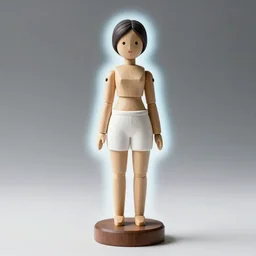 still wooden figurine of young woman dressed wearing white shorts, personification, detailed product photo, 8 k, 8 5 mm, f. 1 4, beautiful composition, x - ray infrared aura monochrome