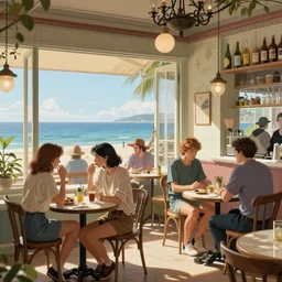 detailed ultra - realistic graphic novel illustration opened seashore cafe, french noon, 1 9 century, by famous digital artists, cinematic, full shot, hi fantasy art, colorfull, faces by ilya kuvshinov, interior by greg rutkowski, natur by tokugawa