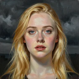 professional painting of Elle Fanning in Prey the style of Henri-Edmond Cross, head and shoulders portrait, symmetrical facial features, smooth, sharp focus, illustration, intricate, stormy weather, extremely detailed masterpiece,