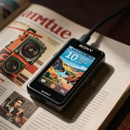 ' professional studio photography of a sony walkman with touchscreen, elegant environment, vintage advertising magazine'