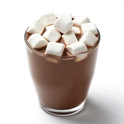 crystal hot chocolate with marshmallows, commercial catalog photo, isolated on a pure white background, centered, entire object in frame, sharp focus, soft studio lighting
