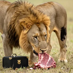 lion eating raw meat next to a poison box