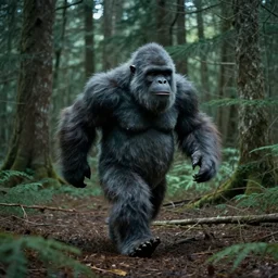 cinematic film footage of a yeti running in the forest