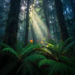 photograph of a dense mystic forest, mystic hues, breathtaking lights shining, psychedelic fern, tyndall effect, lantern fly, dense forest, foggy, 4k, HDR, Acid Pixie, by thomas kinkade