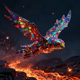 maximalist flying creature made out of stained glass, dark scene illuminated by lava rivers and fireflies, art direction by thomas cole, octane render, 4 k, ray tracing, specular highlights, 4 k, desktop wallpaper, trending on artstation