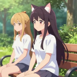 3 d photo of an anime girl with cat ears and long hair looking to her side, sitting on a bench with a park behind her, bokeh, shader, anime art style, highly detailed, cel - shaded, colorful, animated, trending