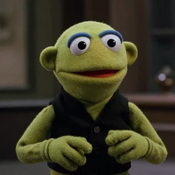 A realistic depiction of a Cyberpunk Muppet in Blade Runner, 1999, film still