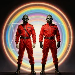 two time generals wearing flight masks and red rick owens flight suits inside the glowing geometric rainbow portal to the sixth dimension by frank frazetta