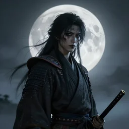 'a samurai! haunted by souls with a big full moon on background , gloomy and foggy atmosphere, octane render, artstation , horror scene, highly detailded'