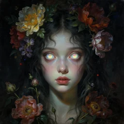 baroque neoclassicist close - up sci - fi portrait of a fantasy young witch girl overgrown with flowers and big glowing eyes. iridescence. dark black ominous background, glowing atmosphere. highly detailed science fiction horror fantasy painting by norman rockwell, frank frazetta, and syd mead. rich colors, high contrast, gloomy atmosphere. trending on artstation and behance.