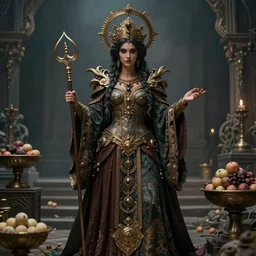 a full body portrait of a goddess of feast and famine, ominous, cinematic shot, realistic, photography, depth of field, ornate, intricate detail, finely detailed, photorealistic, epic, high definition, 8 k, artstation, midjourney, ( irwin penn )