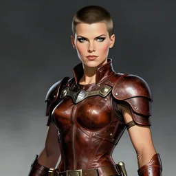 portrait of strong female ranger, beautiful! coherent! by frank frazetta, by brom, strong line, deep color, leather armor, short buzzed hair, high contrast