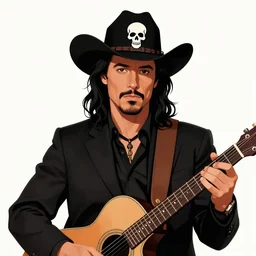 illustration of a handsome!! man resembling ( ( ( ( robert downey jr ) ) ) ) with long black curly hair + tan skin + anchor goatee, guitar | wearing a cowboy hat with a skull emblem | art by hirohiko araki & jean giraud & artgerm & jack kirby | artstation, character design, concept art, full body, digital painting | intricate, high detail, smooth, sharp focus