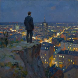 a man standing on the edge of a cliff, over - looking a city at night. palette knife oil painting on canvas by leonid afremov.
