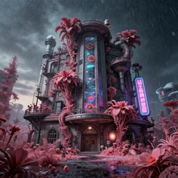 a beautiful hyperdetailed illustration of urbex architecture movie house nature building by albrecht durer, infrared fisheye nightvision retro at winter dramatic lighting vice city universe cyberpunk sleet alien apocalyptic nature at dawn jupiter flowers retrowave neon signs water, archdaily, wallpaper, highly detailed, trending on artstation.