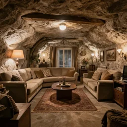 a picture of a living room in a bunker.
