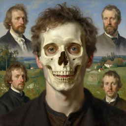 a portrait of a male character, nose of (((((((((skull))))))))), in a scenic environment by Ross Tran and by Jesper Ejsing and by Mikalojus Konstantinas Ciurlionis