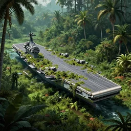 the aircraft carrier USS Nimitz overgrown with vegetation laying on the ground of a tropical forest, post appocalyptic illustration by Luis Royo, by Greg Rutkowski, dark, gritty, intricate, cover illustration, concept art, volumetric lighting, volumetric atmosphere, sharp focus, octane render, trending on artstation, 8k