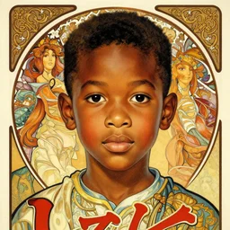colourful upper half portrait of an african boy - in japanese retro poster design illustration style, art by hsiao - ron cheng & alphonse mucha, highly detailed, digital painting, illustration, smooth, sharp focus, intricate, clustered, busy, pinterest, behance,
