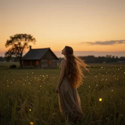 fairy woman, long hair, cottage, fireflies, golden hour, 8 k, fields