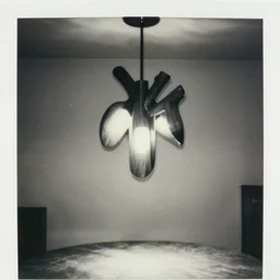 old polaroid, black and white, pictorialism, a designer lamp for the living room, hanging from the ceiling, one meter above the table, made from pieces of wood and 3 led lights, intricate, organic design, elegant, 8 k