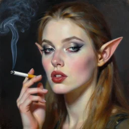 hyperrealism mixed with classicism, oil painting, close up portrait, fashion elf model, smoking cigarette, in style of classicism mixed with 8 0 s sci - fi hyperrealism