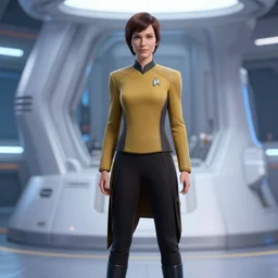 a woman in a star trek uniform standing in front of a machine, a screenshot by René Auberjonois, cg society contest winner, retrofuturism, uhd image, elite, sci-fi