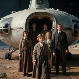 35mm still from a sci fi blockbuster movie made in 222, set in 1860, of a family leaving a spaceship, that has just landed on an alien planet, wearing 1850s era clothes, cinematic lighting, 4k, in focus faces, oscar winner, high quality photography