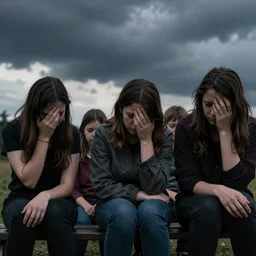 a family with sorrow faces sitting on a bench, dramatic sky, close up shot, Greg Rutkowski, dramatic lighting