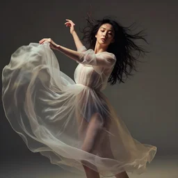 portrait of a beautiful woman with her translucent dress blowing in the wind, modern dancing, highly detailed, by victo ngai, surreal, dramatic lighting