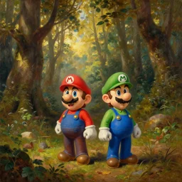 detailed oil painting of mario and luigi in a deep forest landscape by caspar david friedrich and claude lorrain, perfect lighting, golden hour, taken with canon 5 d mk 4