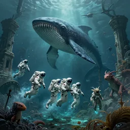 Astronauts and some mythical animals are under the sea, they are swimming away from the giant kraken, the leviathan is behind hunting them, this is an extravagant planet with wacky wildlife, the background is full of ancient ruins, the ambient is dark with a terrifying atmosphere, by Jordan Grimmer digital art, trending on Artstation,