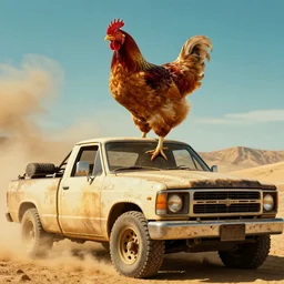 chicken on top of a truck, mad max style