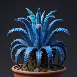a photograph of a blue fantasy sci fi gmo tropical hybrid tropical desert mutant weird exotic poisonous flora plant in a pot, hyper realism, octane render, 8 k, hyper detailed, vivid, ultra detailed, highly detailed