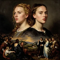 opera poster of scarlet johansson and natalie portman, by jan van eyck, tom bagshaw, jean delville, william bouguereau, albrecht durer