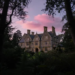 a witchhouse in a woodland, evening mood, pink clouds in the evening sky, by clive madgwick