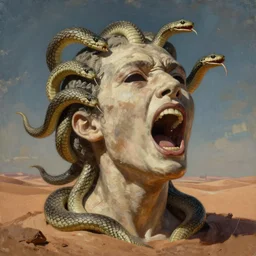 A disembodied head with empty eye sockets screaming with snakes wrapping around it, desert, oil painting, surrealism style