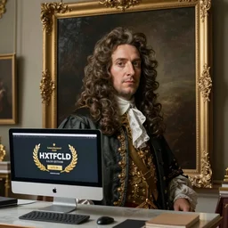 king louis xiv watches a 3D render on a computer screen, oil painting in the louvre.